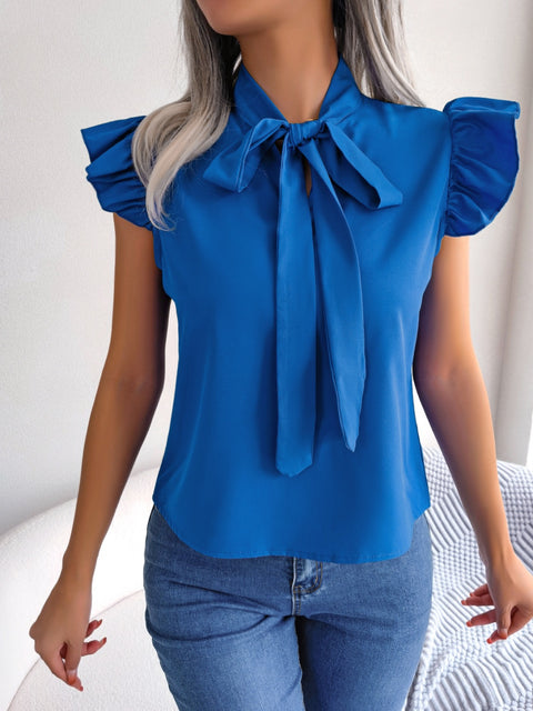 Tie  Neck Cap Sleeve Blouse Trendsi