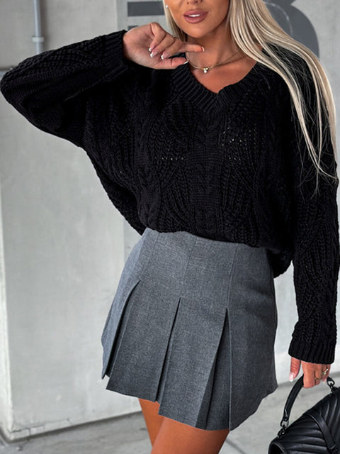 V-Neck Cable-Knit Long Sleeve Sweater Trendsi