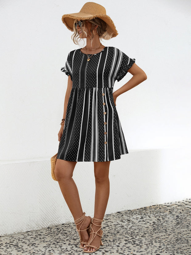 Striped Polka Dot Frill Short Sleeve Mini Dress Trendsi