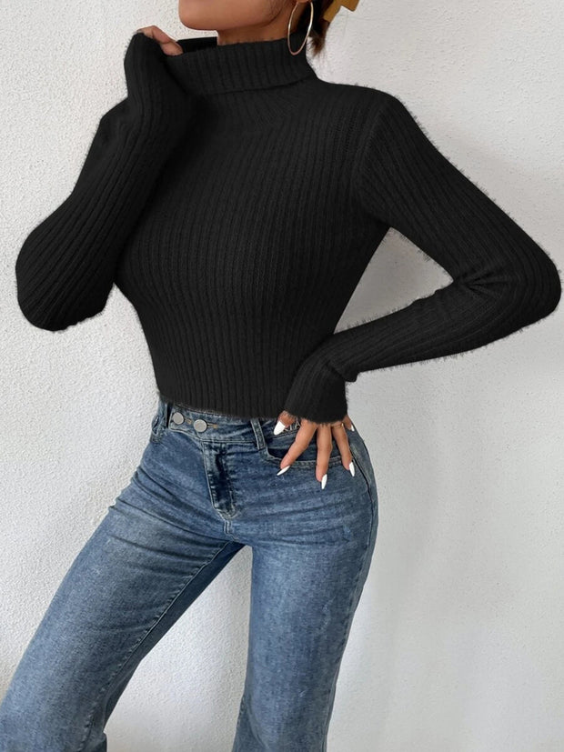 Ribbed Turtleneck Long Sleeve Sweater Trendsi