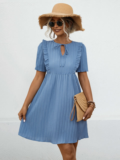 Tie Neck Short Sleeve Mini Dress Trendsi