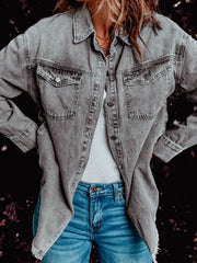 Frayed Hem Collared Denim Jacket