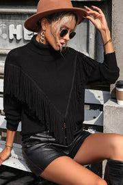 Turtle Neck Tassel Front Long Sleeve Pullover Sweater Trendsi