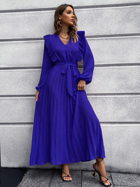 Pleated Surplice Tie Waist Maxi Dress Trendsi