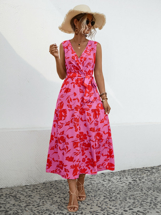 Tied Printed Surplice Tiered Dress Trendsi