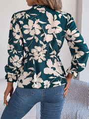 Printed Tie Neck Flounce Sleeve Blouse