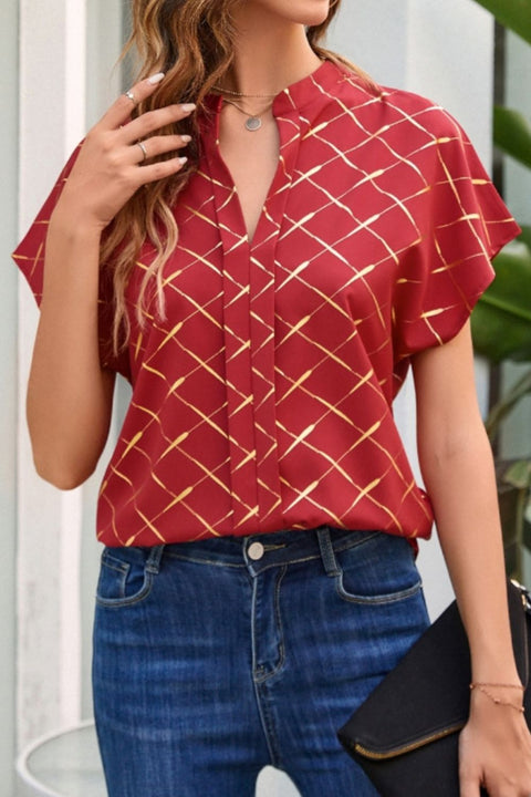 Printed Notched Short Sleeve Blouse Trendsi