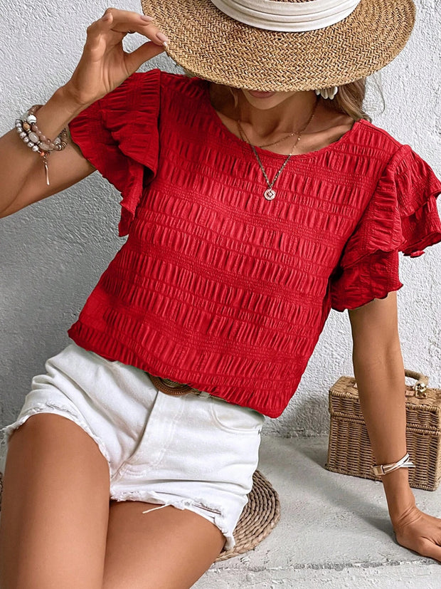 Round Neck Flounce Sleeve Blouse Trendsi