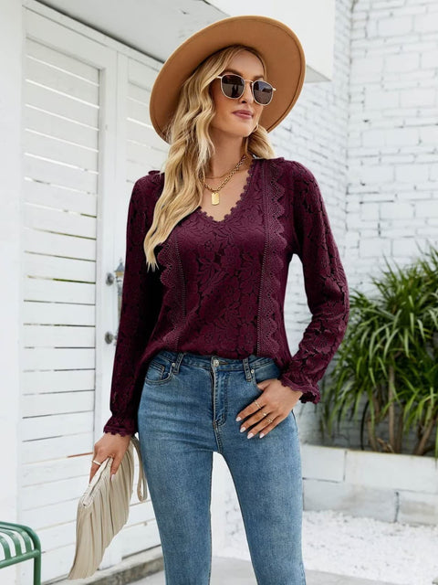 Lace V-Neck Flounce Sleeve Blouse