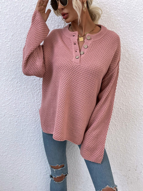 Quarter-Button Slit Sweater Trendsi