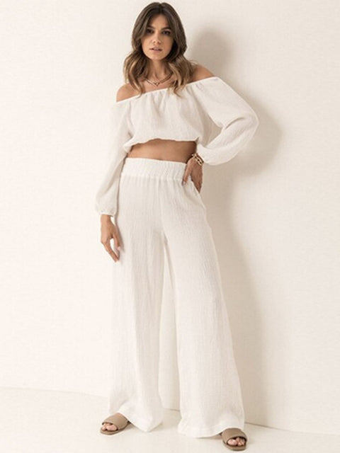 Off Shoulder Long Sleeve Top and Pants Set Trendsi