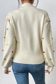 Pom-Pom Trim Mock Neck Long Sleeve Pullover Sweater