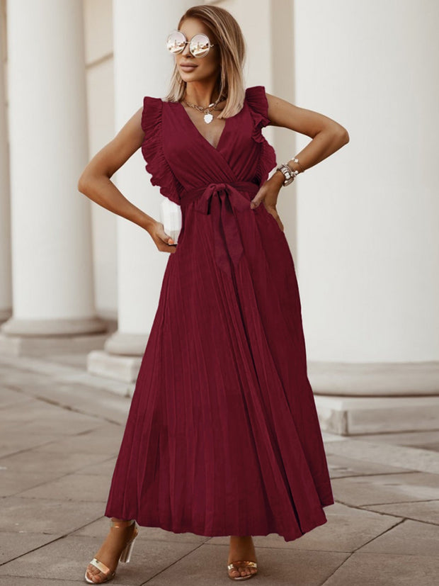 Tied Surplice Cap Sleeve Pleated Dress Trendsi