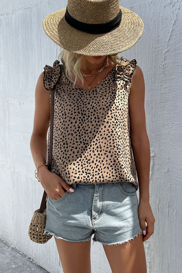 Leopard Frill Trim V-Neck Tank Trendsi