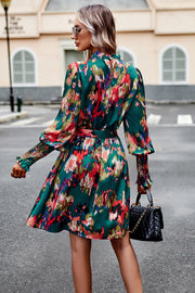 Printed Tie Waist Mock Neck Lantern Sleeve Dress Trendsi