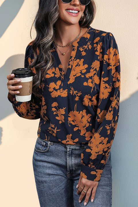 Printed Notched Long Sleeve Blouse