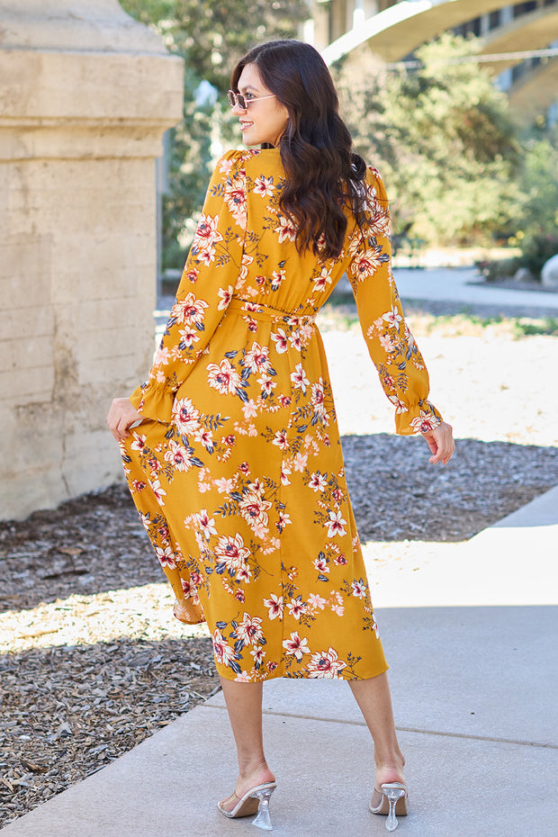 Double Take Full Size Floral Tie Back Flounce Sleeve Dress Trendsi