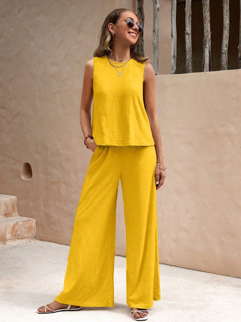 Round Neck Sleeveless Top and Wide Leg Pants Set Trendsi