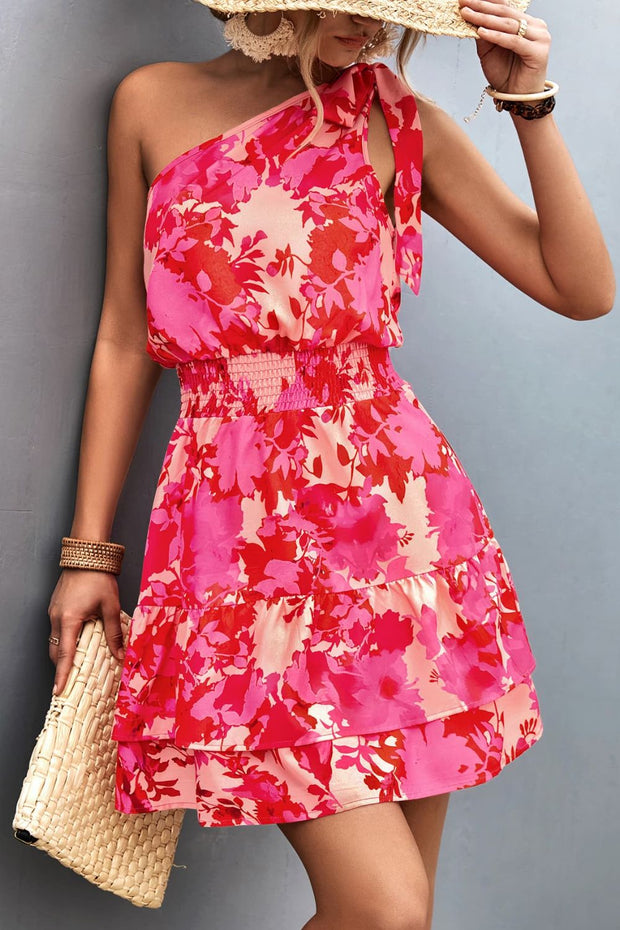 Tied Smocked Printed Single Shoulder Dress Trendsi