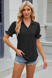 Eyelet Johnny Collar Short Sleeve Blouse Trendsi