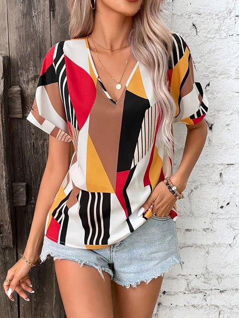 Printed V-Neck Short Sleeve Blouse Trendsi