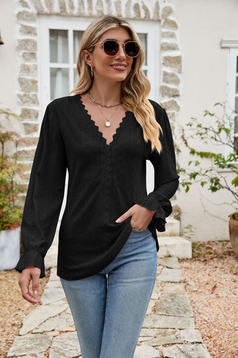 Eyelet Lace Trim Flounce Sleeve Blouse Trendsi