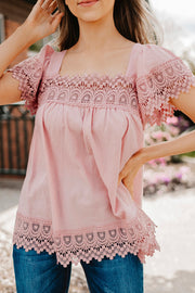 Lace Detail Square Neck Short Sleeve Blouse Trendsi