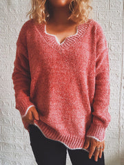 Notched Dropped Shoulder Long Sleeve Sweater Trendsi