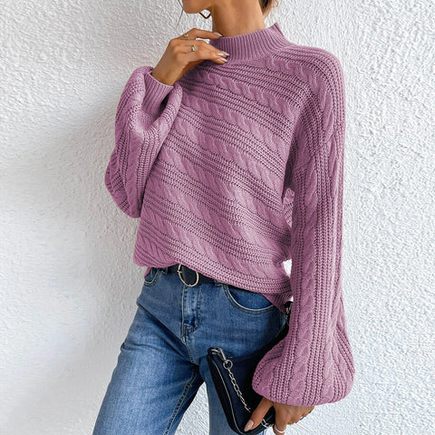 Cable-Knit Mock Neck  Long Sleeve Sweater Trendsi