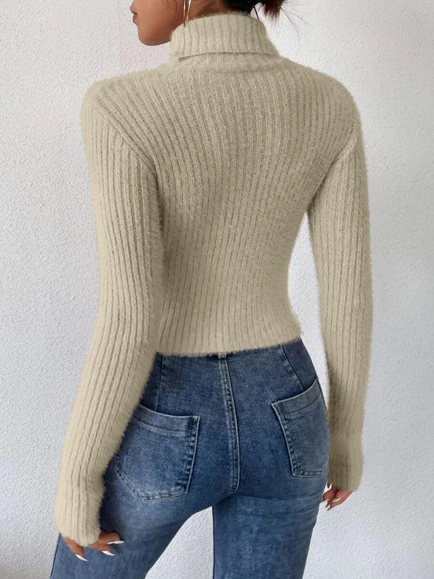 Ribbed Turtleneck Long Sleeve Sweater Trendsi