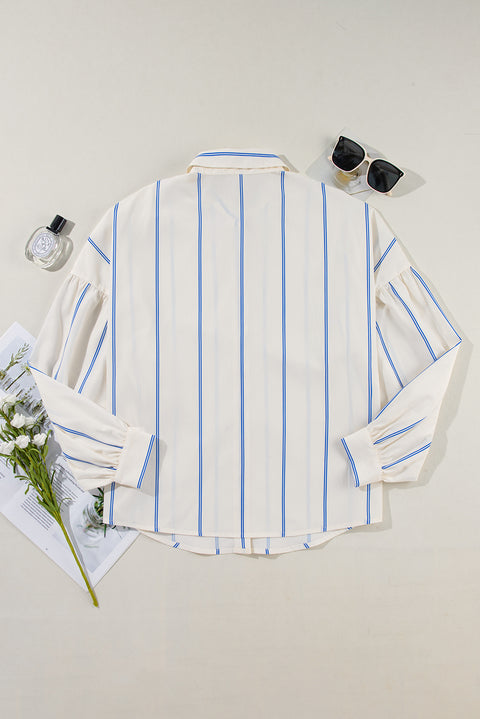 Striped Collared Neck Long Sleeve Shirt Trendsi