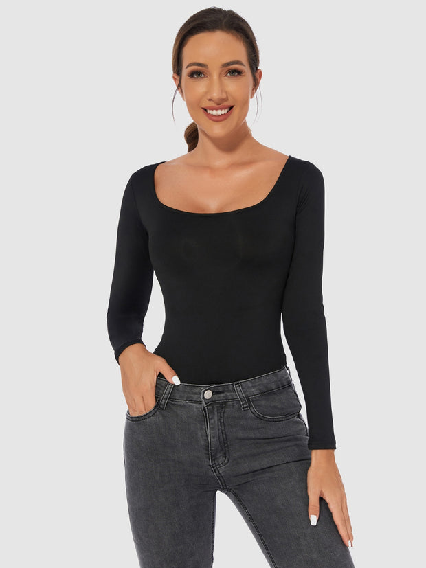 Full Size Scoop Neck Long Sleeve Bodysuit Trendsi