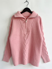 Ribbed Half Zip Long Sleeve Sweater Trendsi