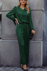 V-Neck Long Sleeve Top and Wide Leg Pants Set Trendsi