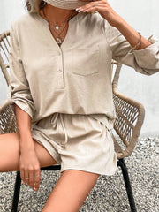 Notched Long Sleeve Top and Shorts Set Trendsi