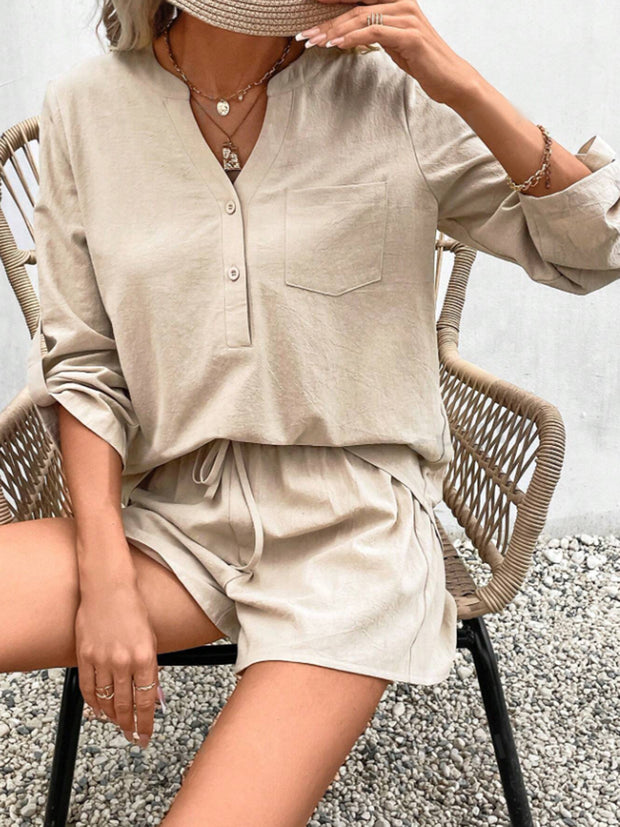 Notched Long Sleeve Top and Shorts Set Trendsi