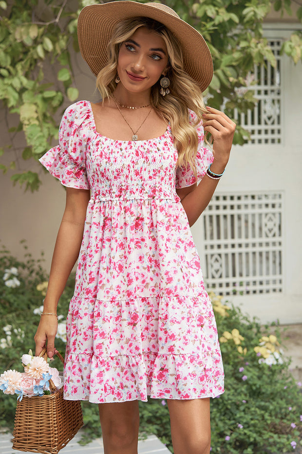 Smocked Printed Flounce Sleeve Mini Dress Trendsi