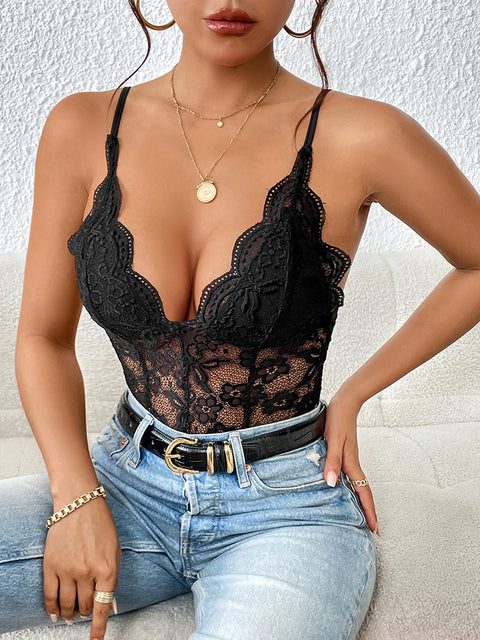 Lace V-Neck Spaghetti Strap Bodysuit Trendsi