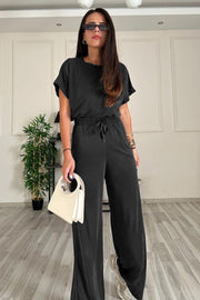 Round Neck Short Sleeve Top and Drawstring Pants Set Trendsi