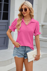 Eyelet Johnny Collar Short Sleeve Blouse Trendsi