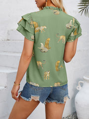 Ruffled Printed Tie Neck Short Sleeve Blouse