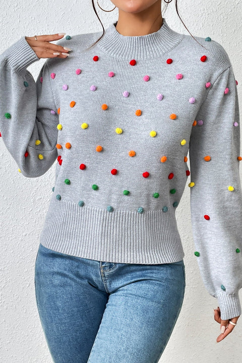 Pom-Pom Trim Mock Neck Long Sleeve Pullover Sweater Trendsi