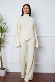 Turtleneck Dropped Shoulder Top and Pants Sweater Set Trendsi