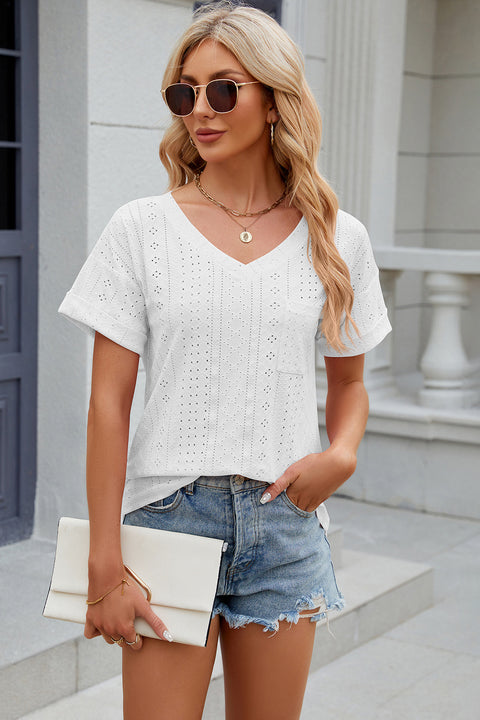 Eyelet V-Neck Short Sleeve T-Shirt Trendsi