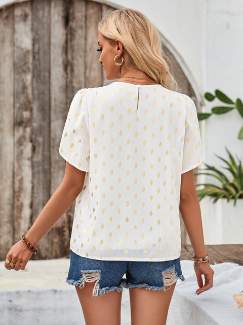 Printed Round Neck Petal Sleeve Blouse Trendsi