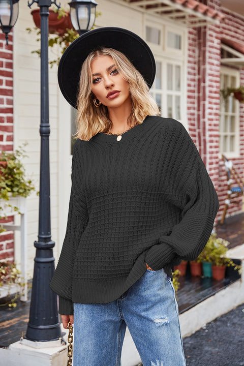 Ribbed Drop Shoulder Lantern Sleeve Sweater Trendsi