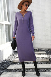 Decorative Button Notched Dropped Shoulder Sweater Dress Trendsi