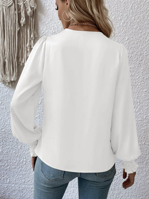 Surplice Smocked Lantern Sleeve Blouse Trendsi