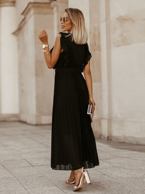 Tied Surplice Cap Sleeve Pleated Dress Trendsi