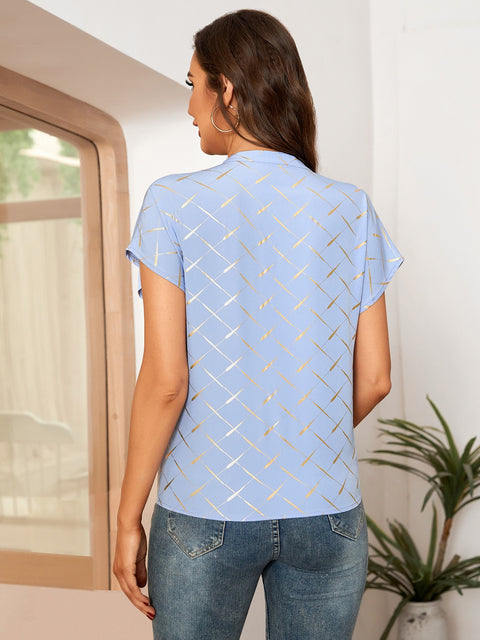 Printed Notched Short Sleeve Blouse Trendsi